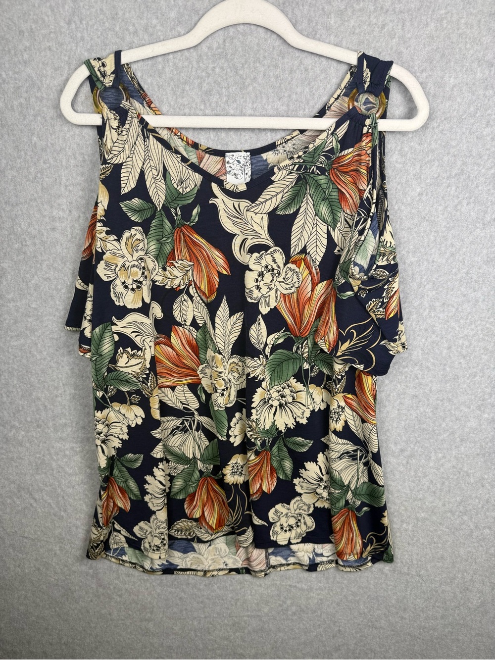 Floral Cold Shoulder Top Size 3X Navy Tropical Boho Blouse Flutter Sleeve